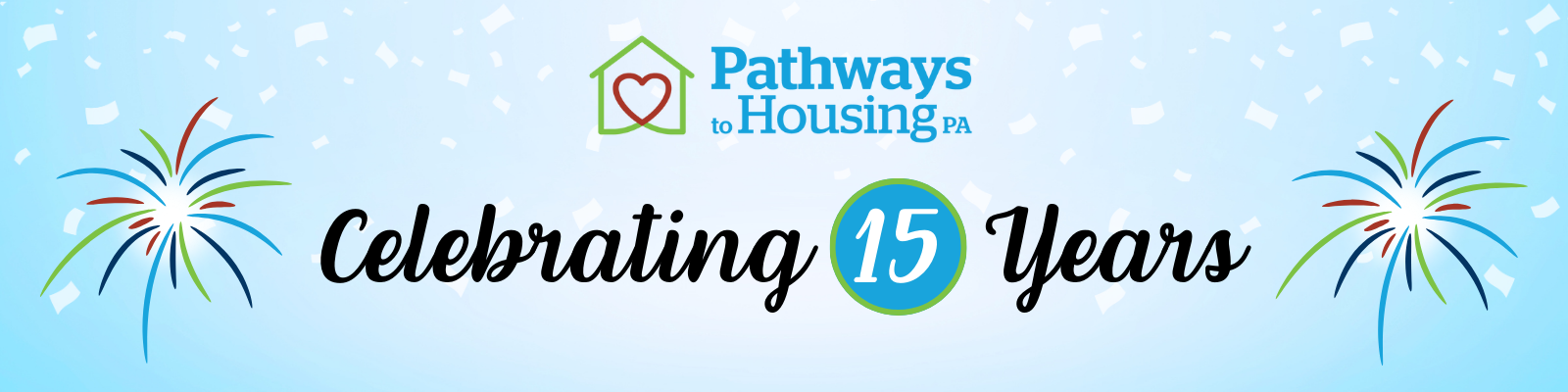 Celebrating 15 Years with Pathways logo and graphic fireworks