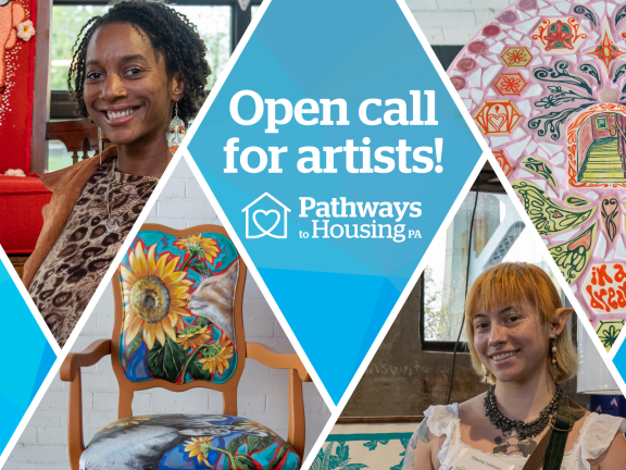 postcard open call for artists, artist photo, chair painted, artist photo, and mosaic table