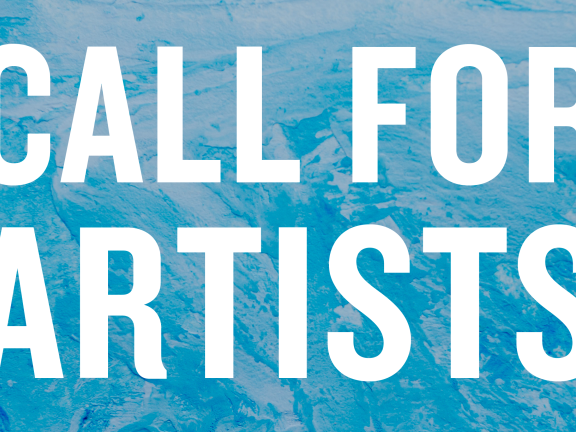 call for artists text against a blue painted background