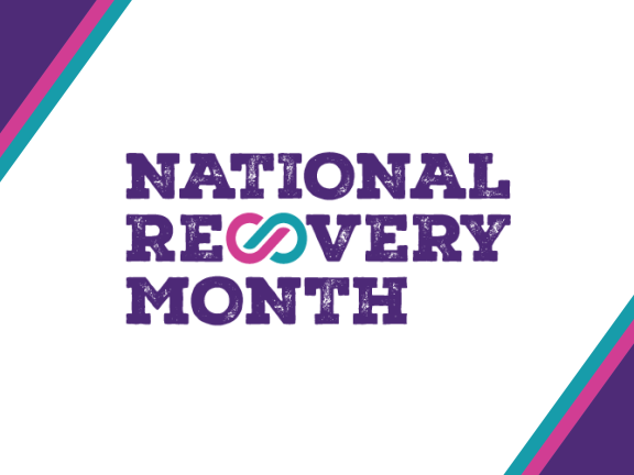 national recovery month logo with brand colors (purple, pink, teal)
