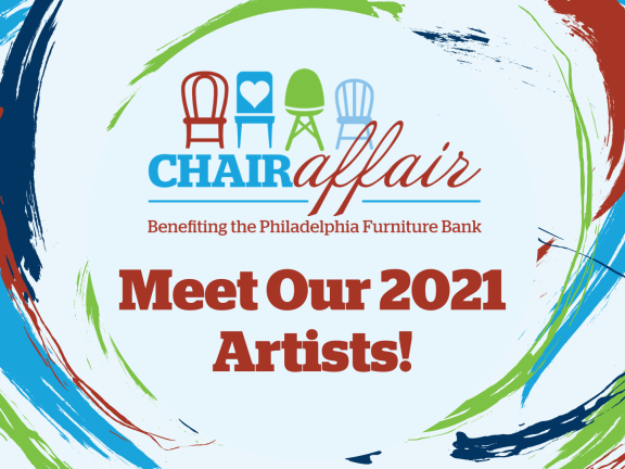 Paint splatter and chair affair logo in red blue and green. "Meet our 2021 Artists"