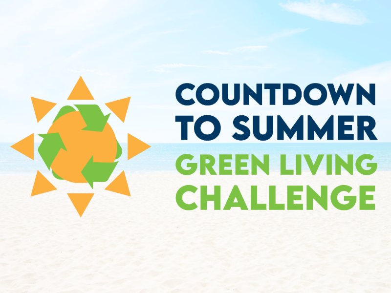 countdown to summer green living challenge text overlaid over a faded beach photo background