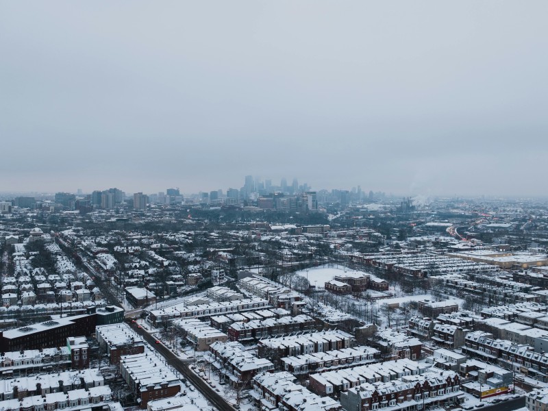 aerial view of philadelphia with snow covered rooftops