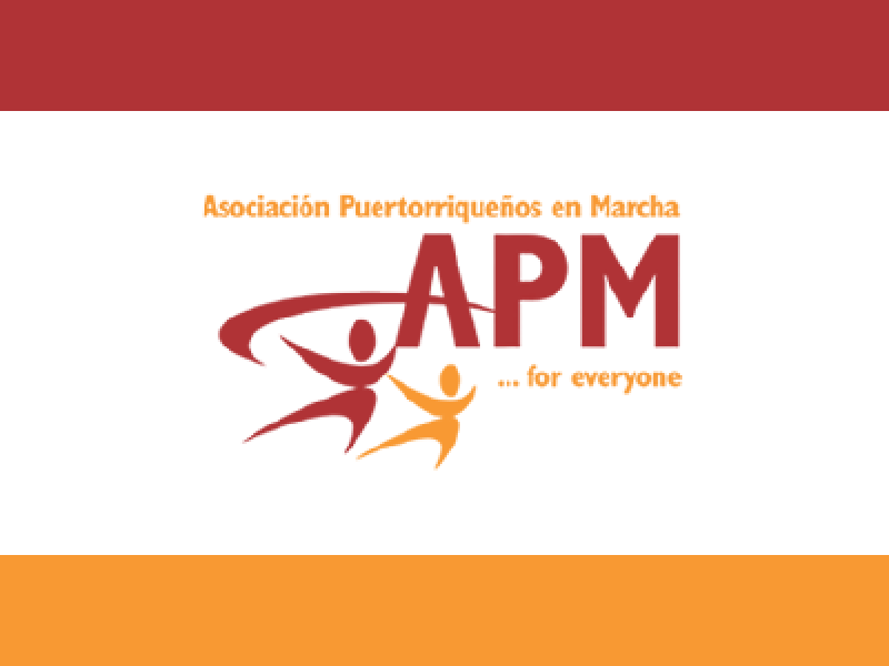 apm logo with red top bar and orange bottom bar