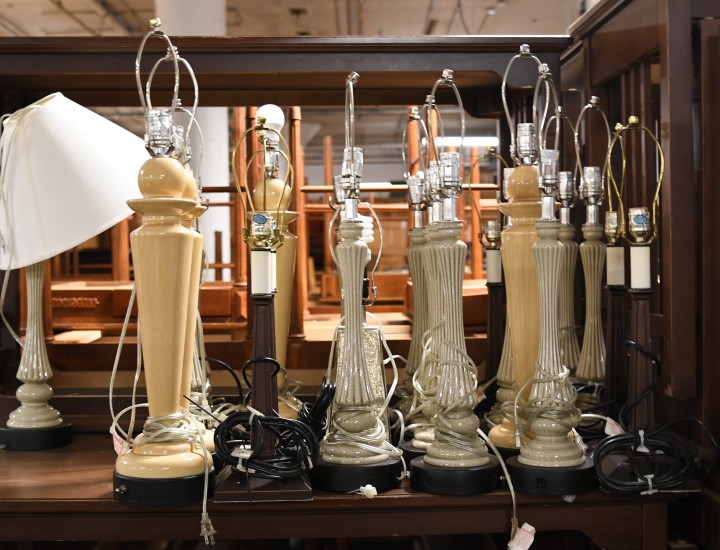 a row of donated lamps