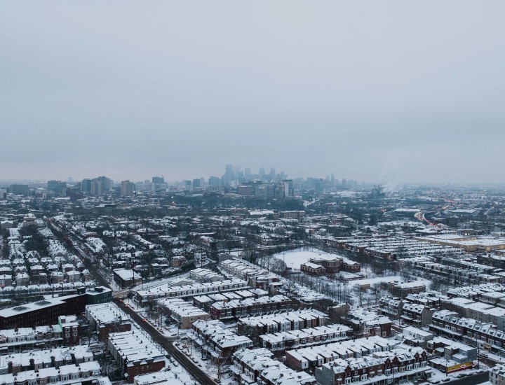 aerial view of philadelphia with snow covered rooftops