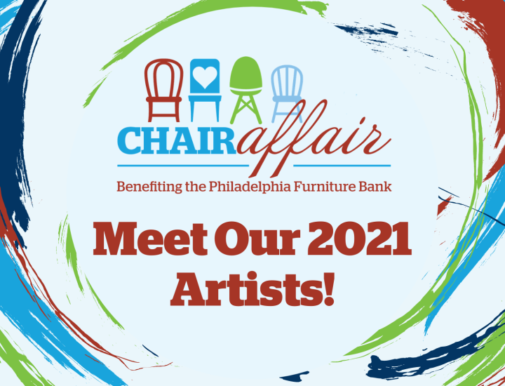 Paint splatter and chair affair logo in red blue and green. "Meet our 2021 Artists"